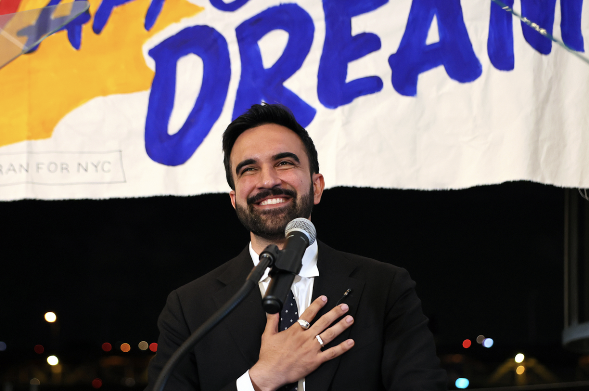 Zohran Mamdani, the Democratic nominee for mayor of New York City, speaks to supporters during an election night gathering in Queens. Credit: Michael M. Santiago/Getty Images.