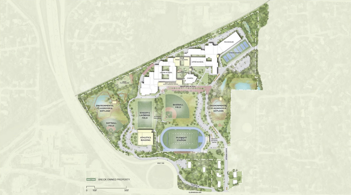 Current draft of the Comprehensive Site Plan. Buildings marked in yellow are planned developments. Image from breckschool.org.
