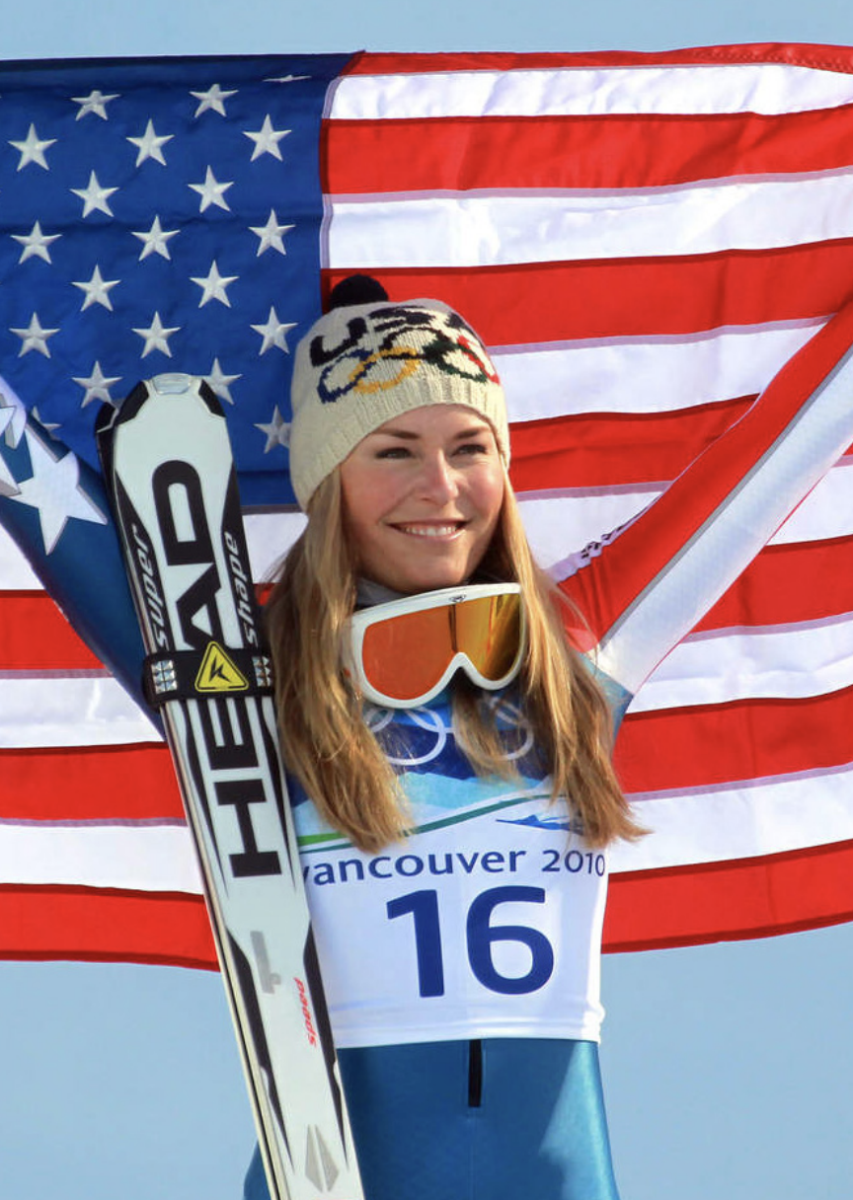 Lindsey Vonn poses with an American flag at the 2010 Winter Games. Image credit New York Times.