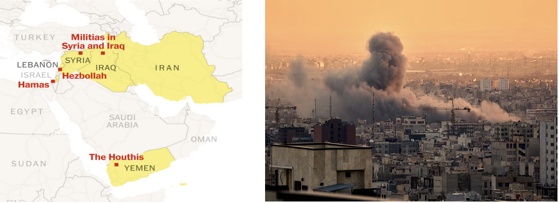 Left: Map of Iran and its proxies in the Middle East. Image credit New York Times. Right: Aftermath of strike in Iran. 